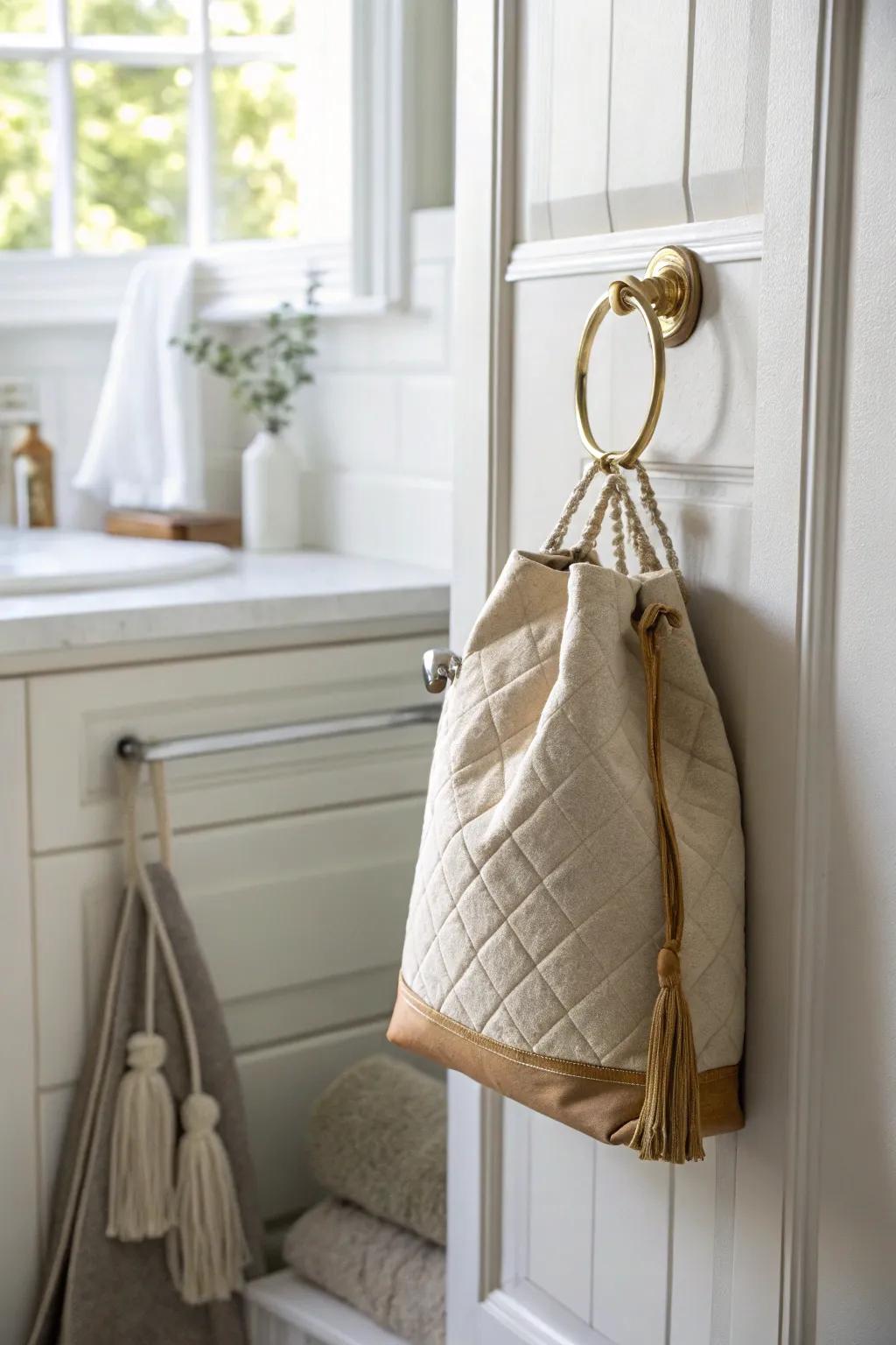 A heat-resistant hanging pouch keeps your hair dryer tucked away—tidy, safe, and ready fast.
