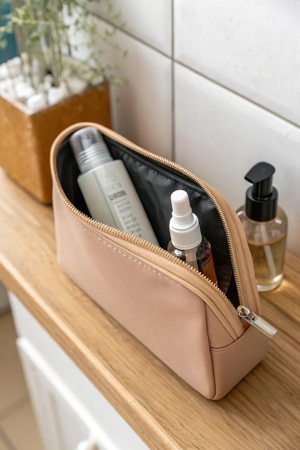 Leak-proof pouch = zero hair-oil disasters—tidy, minimal storage for serums and sticky gels.