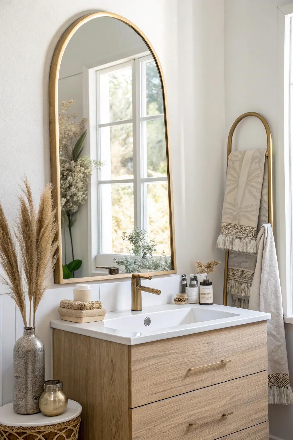 A bold statement mirror makes a tiny half bath feel brighter, bigger, and instantly elevated.