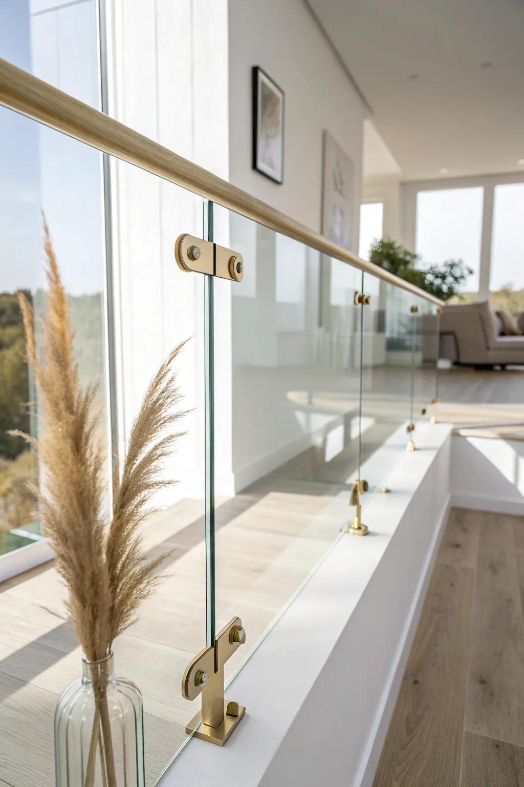A sleek glass topper brightens the kitchen while keeping an airy half-wall boundary.