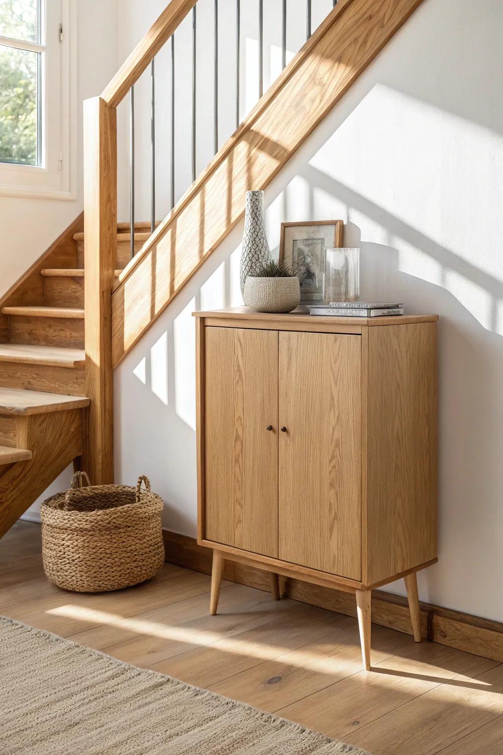 A tiny under-stair cabinet turns an overlooked corner into a calm, finished mini moment.