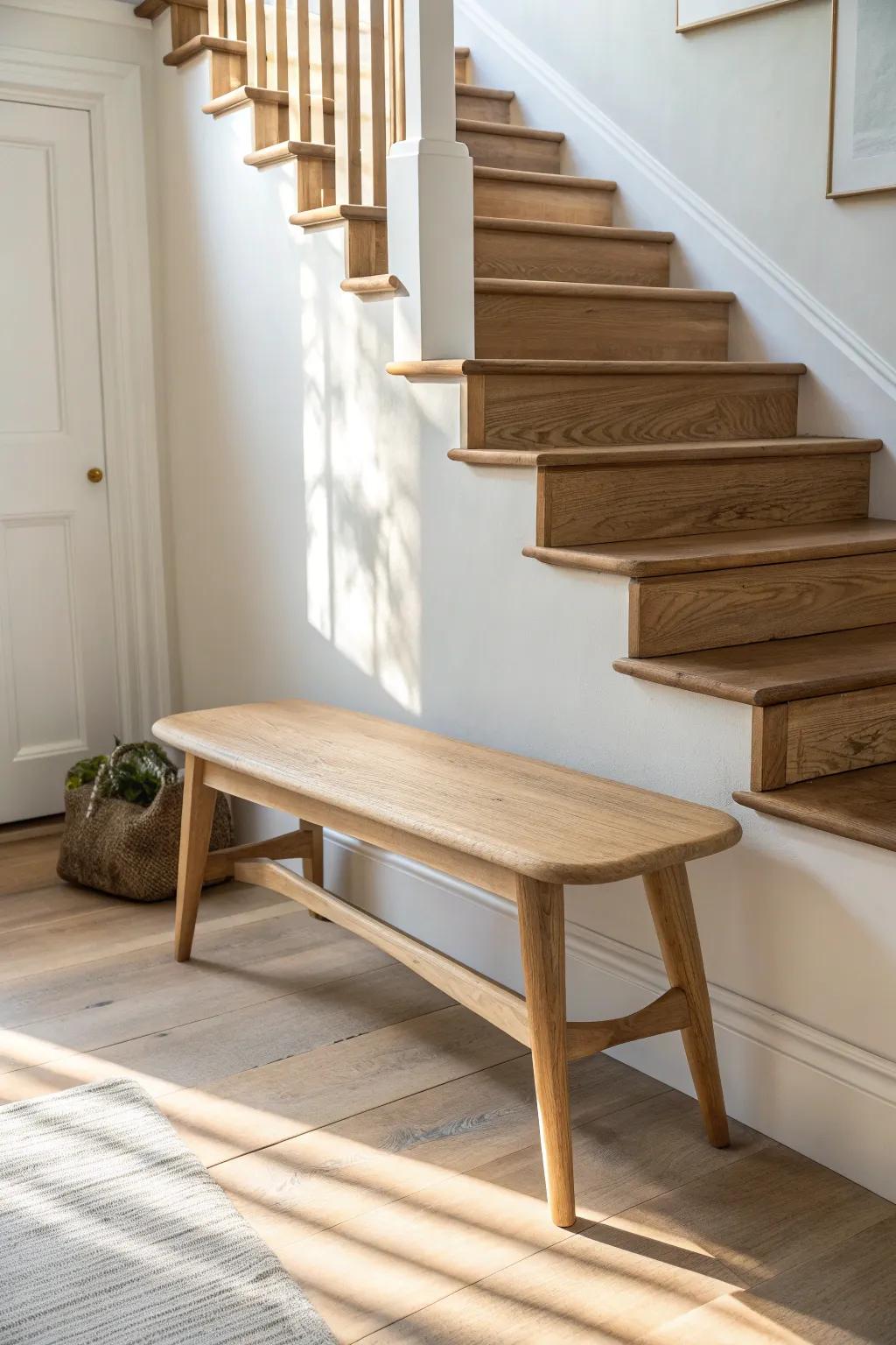 A slim floating bench by the stairs adds style and function without crowding your hallway.