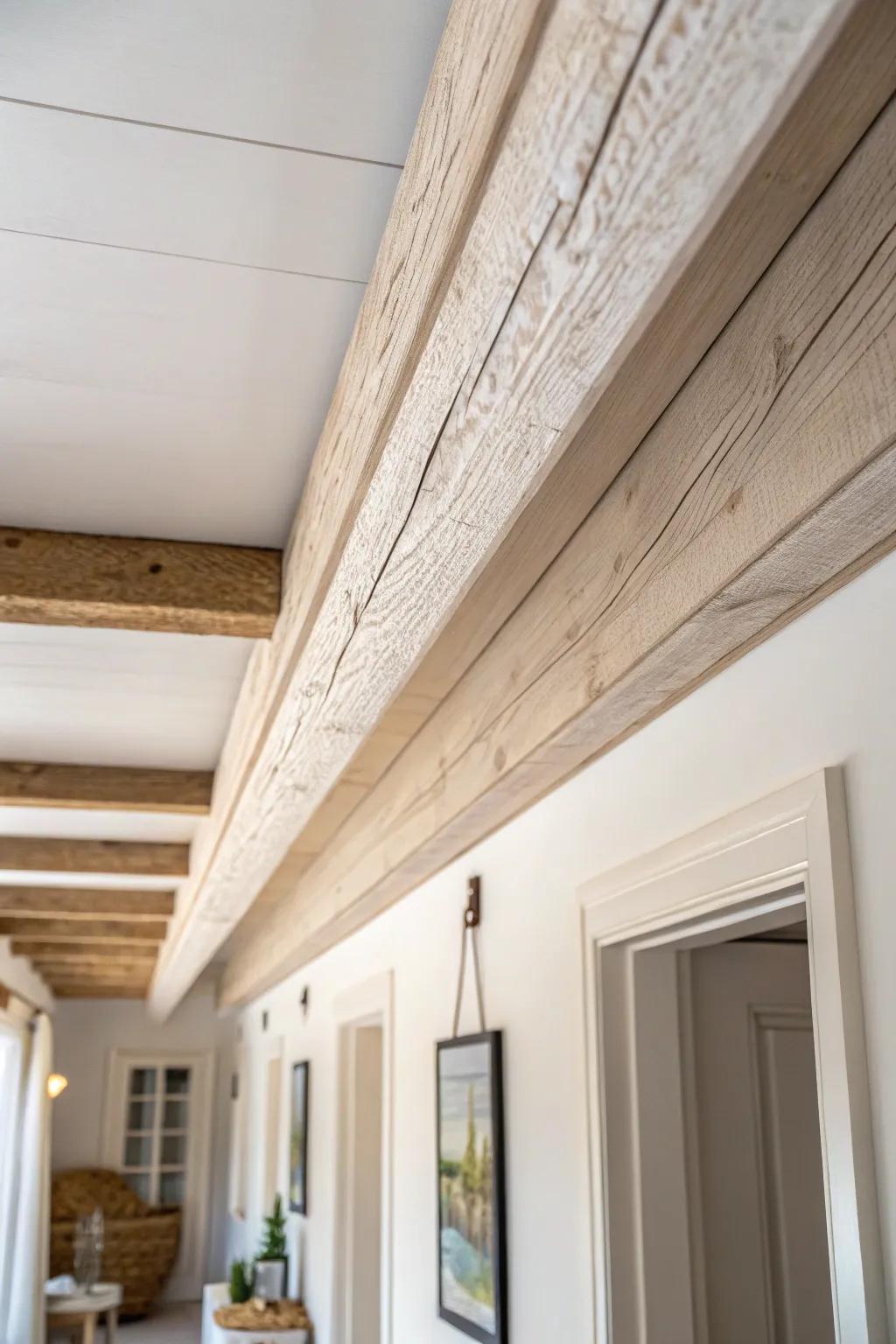 A single faux ceiling beam adds instant structure and warmth to a long, narrow hallway.