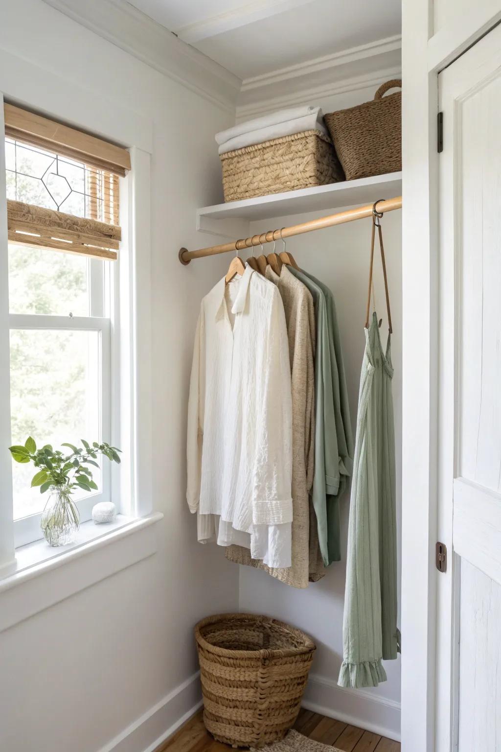 A simple hanging rod keeps delicates air-drying neatly—no chair draping, even in tiny halls.