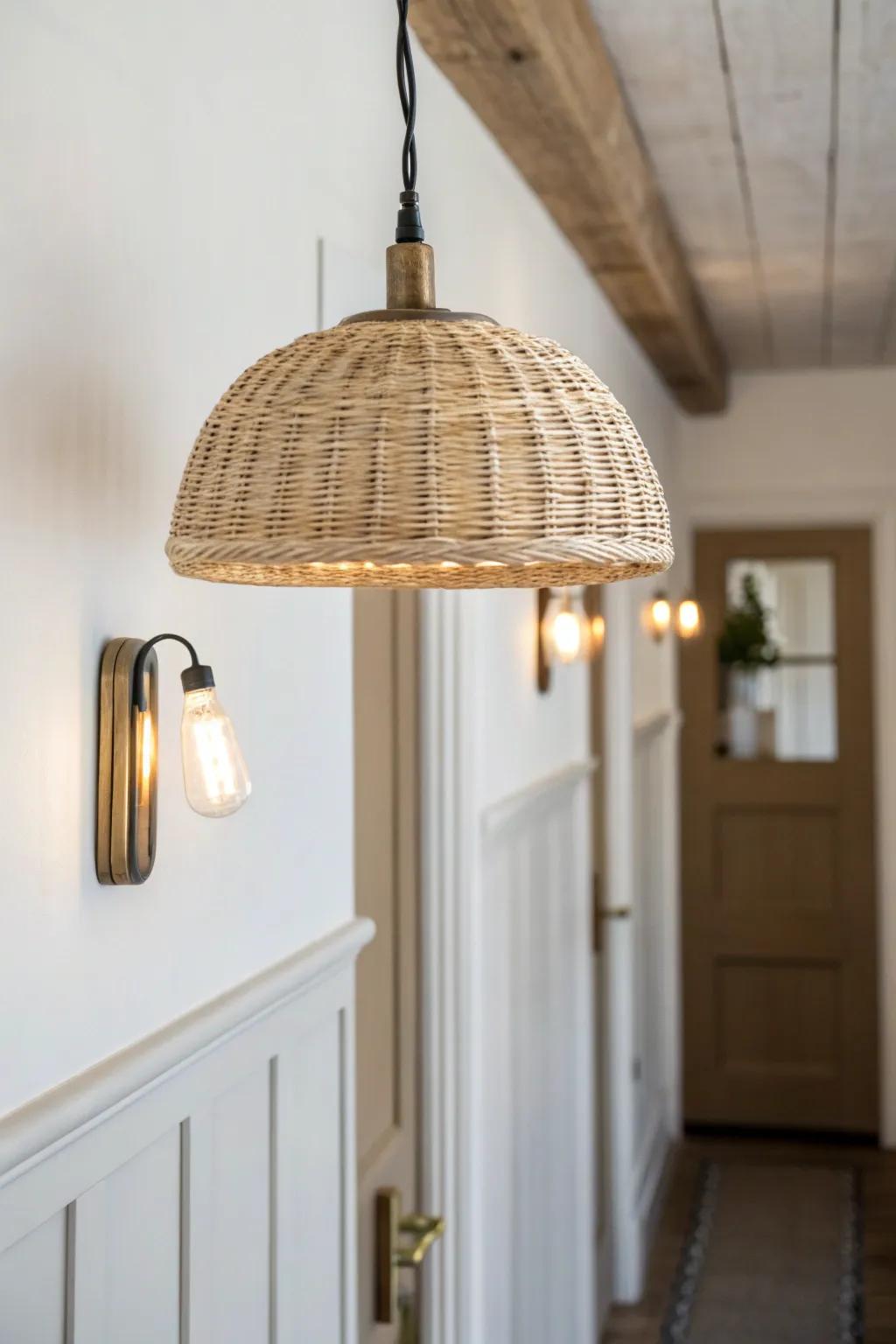 Layer a simple ceiling pendant with matching sconces for a cozy, non-tunnel hallway glow.