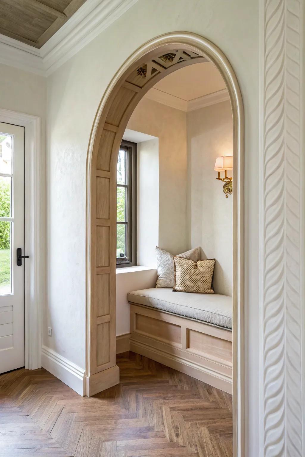 An arched opening turns a simple hallway bench into a built-in nook—polished, cozy, calm.