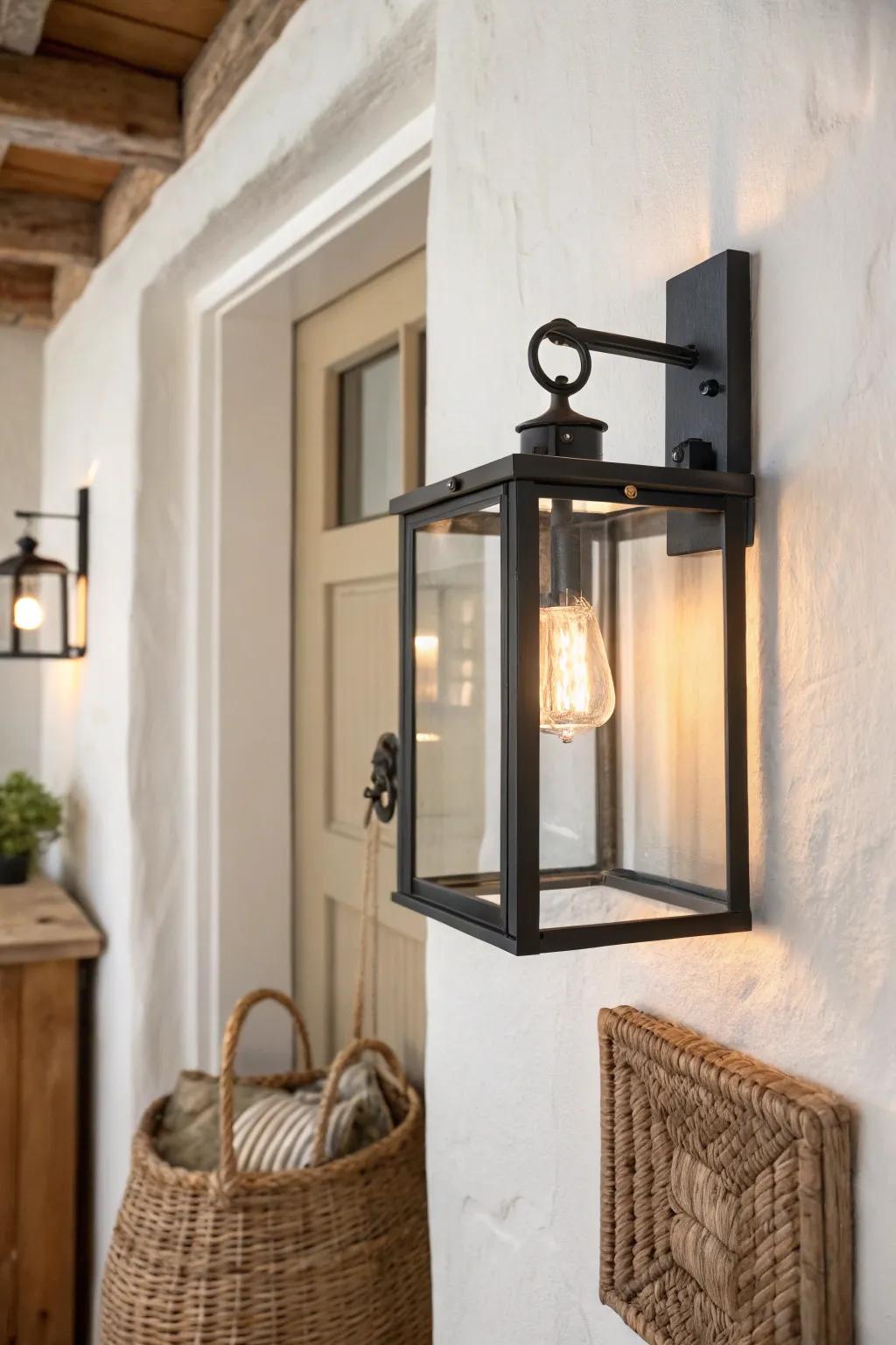 Lantern-style sconce warmth that makes even the smallest entry feel instantly welcoming.
