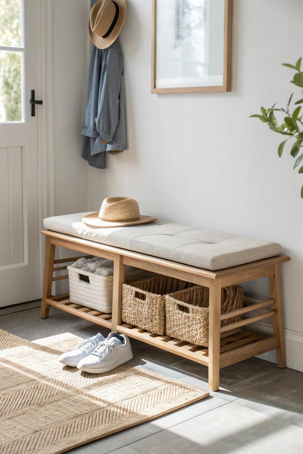 Pullout bins under the bench keep shoes tidy—small upgrade, instantly more put-together.