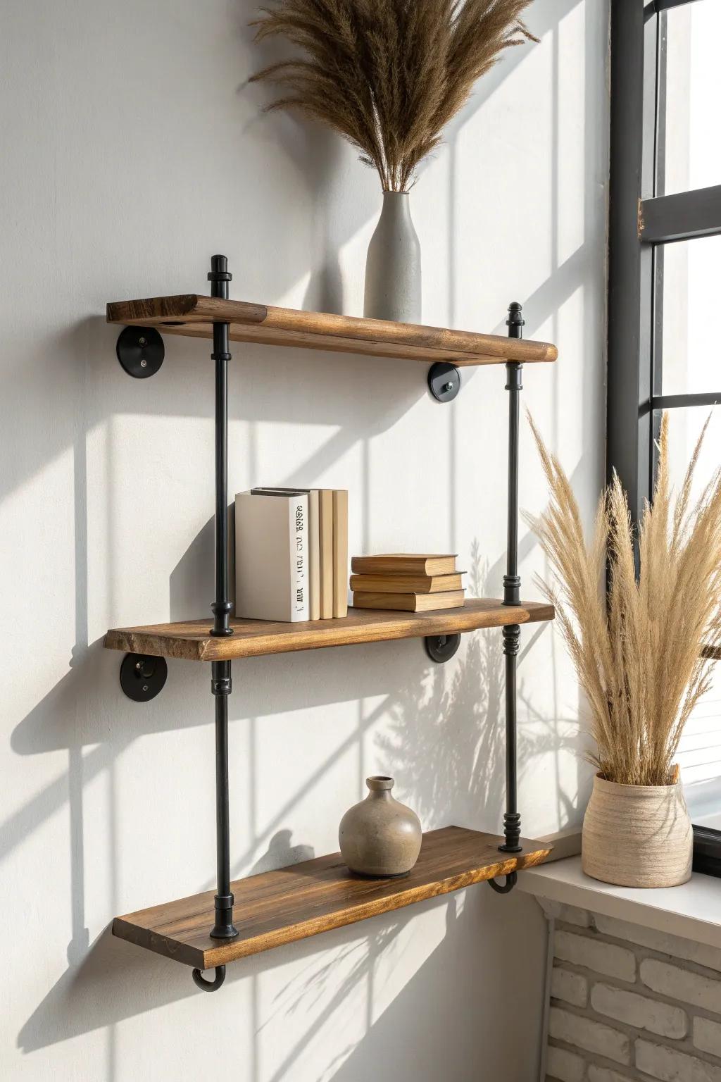 Industrial pipe wall shelf: sturdy, minimal, and warm—perfect for small-space book styling.