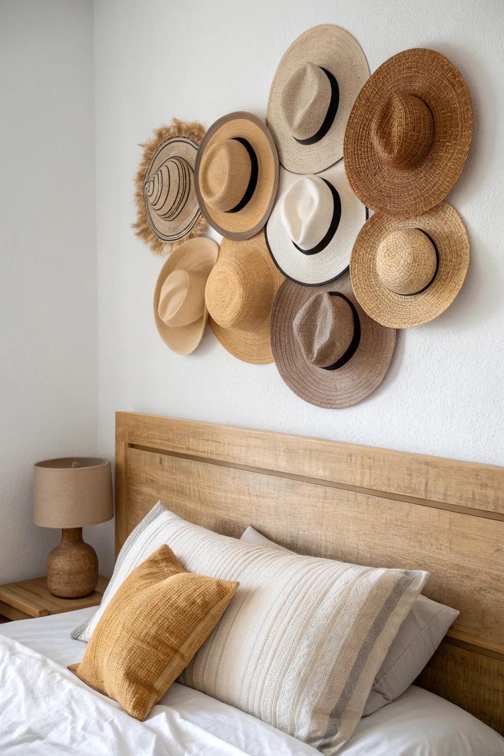 Create a cozy “hat cloud” above the bed—organic, space-saving, and beautifully boho.