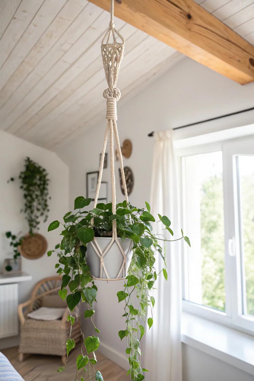 Hang a trailing plant from an exposed beam to lift the eye and make small rooms feel taller.