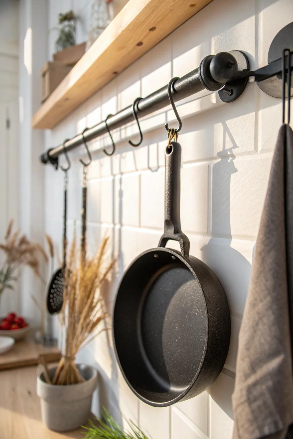 Industrial pipe rack + cast iron: a sturdy, rental-friendly upgrade for a clean minimalist wall.