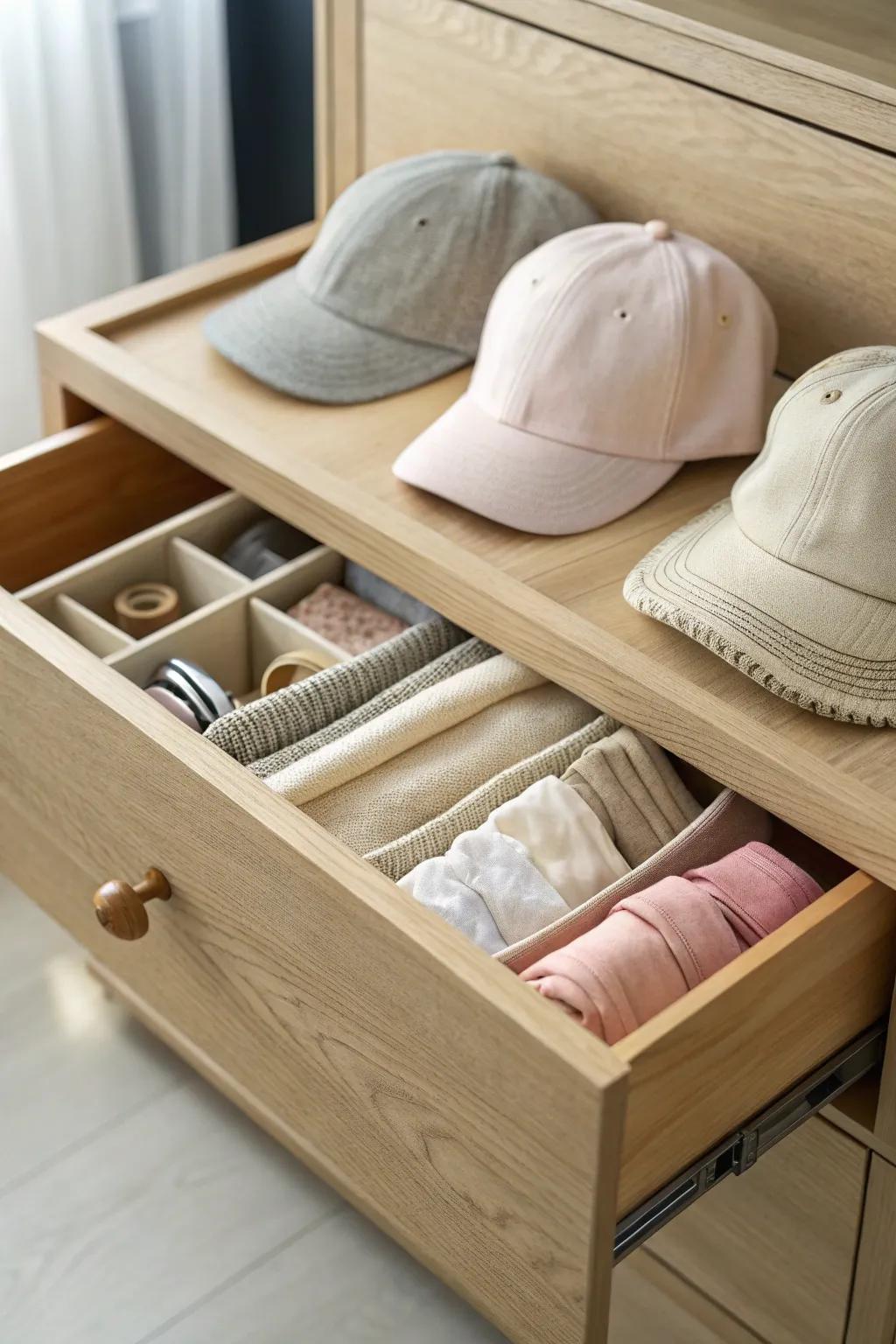 No more drawer explosions—stack baseball caps neatly with sleek wooden drawer dividers.