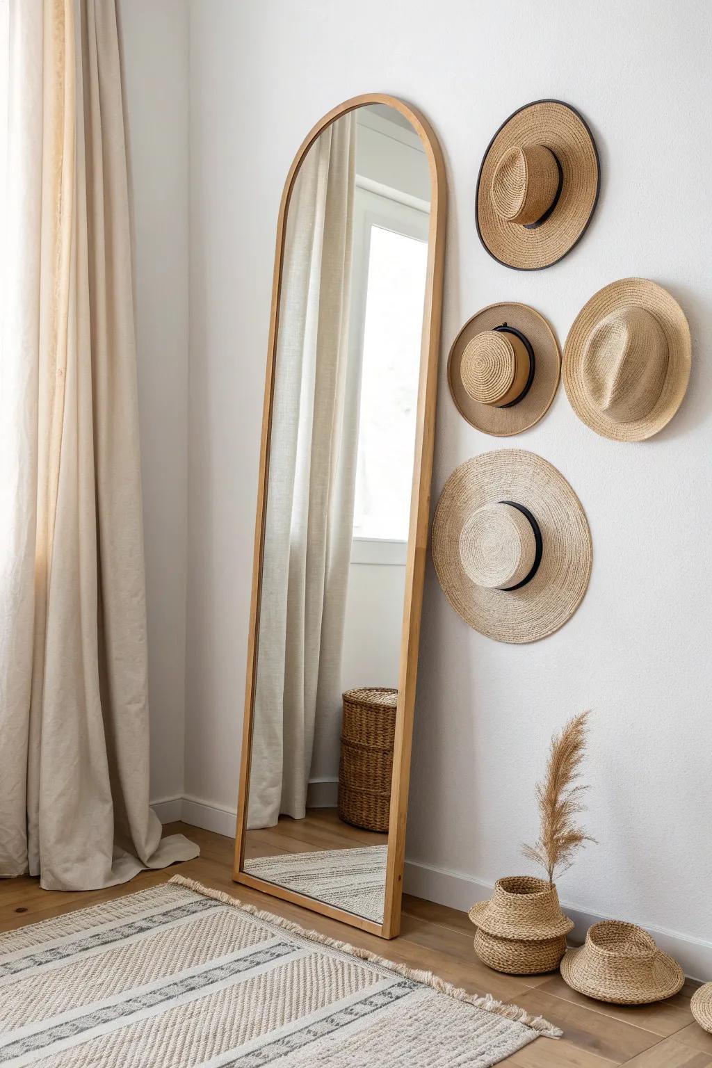 Frame your full-length mirror with straw hats for a chic, space-saving getting-ready wall.