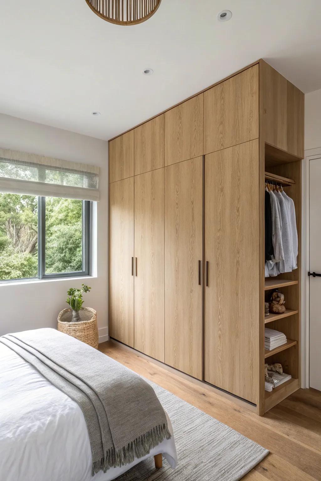 A seamless closet-wall hidden door that keeps the bedroom calm and beautifully uninterrupted.