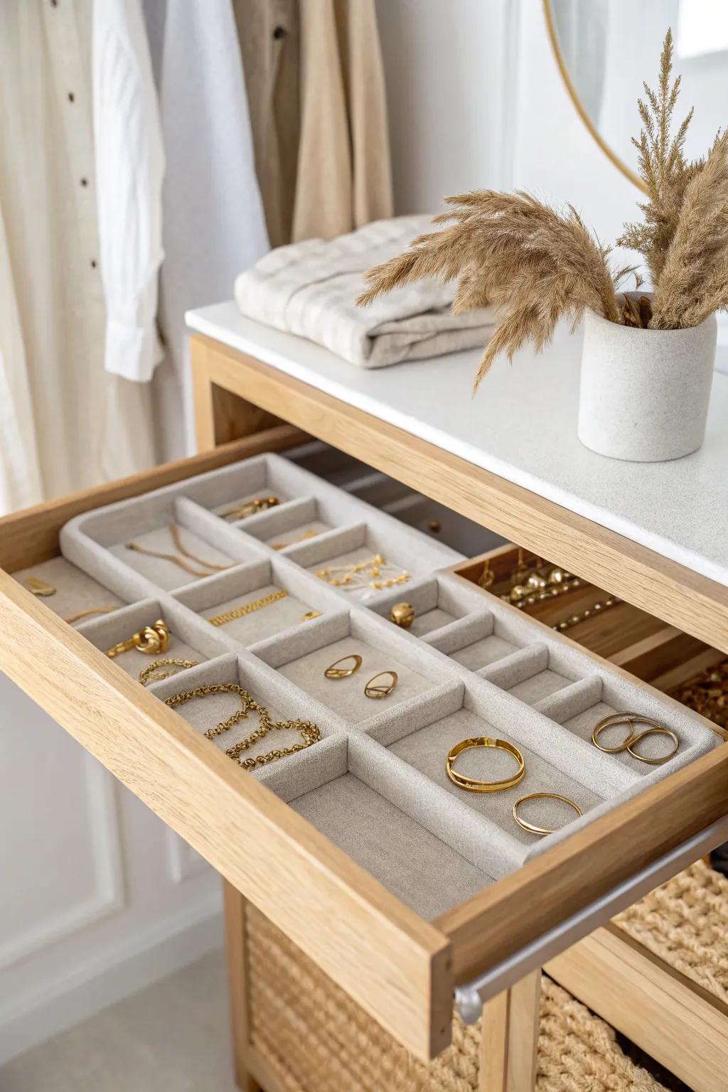 A hidden under-shelf slide-out tray keeps bracelets flat, organized, and beautifully out of sight.