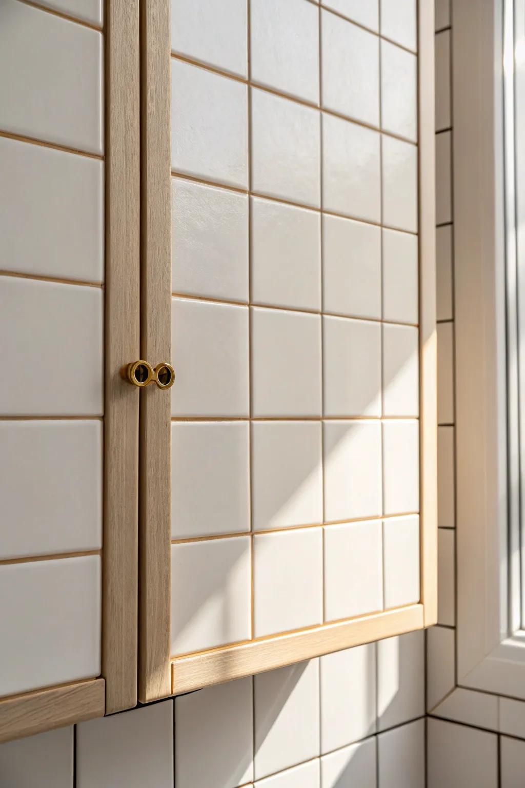 A tiled push-latch cabinet that disappears into the wall—sleek storage for tiny bathrooms.