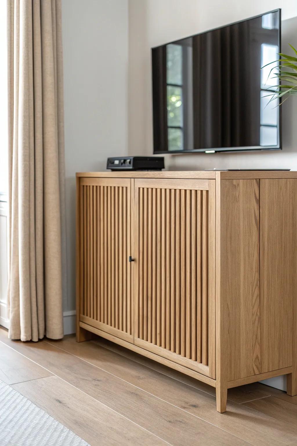 A slatted wood door disguises the TV and adds warm texture—minimal, airy, small-space chic.
