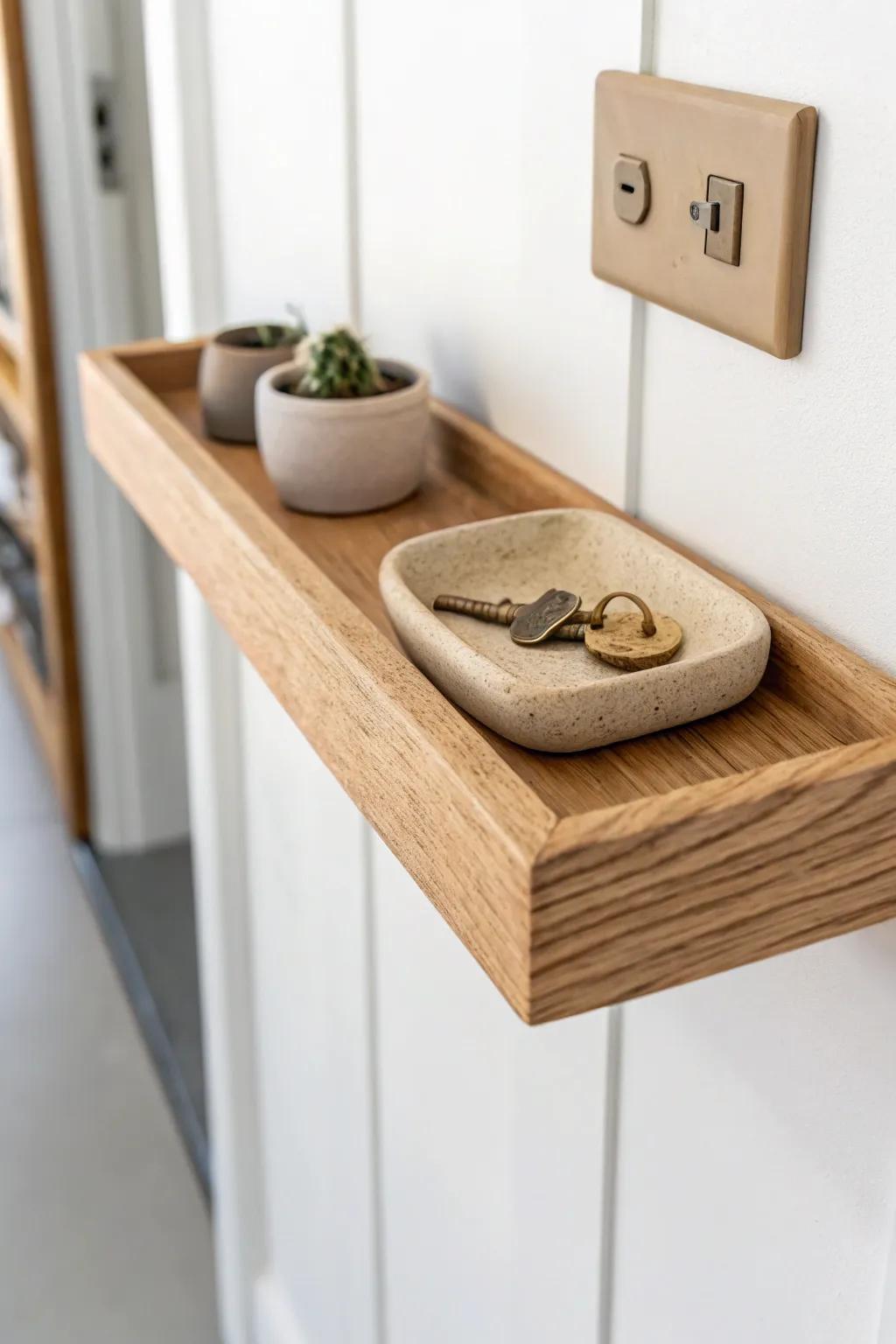 A slim floating shelf + little tray turns a utility closet corner into a styled moment.
