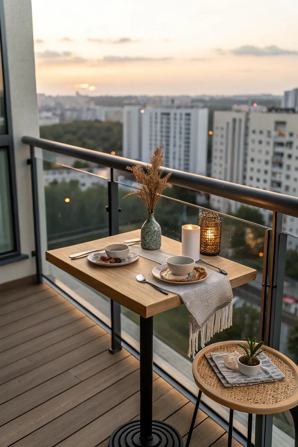 Tiny balcony bistro table turned to the skyline—an elevated sunset dining spot.