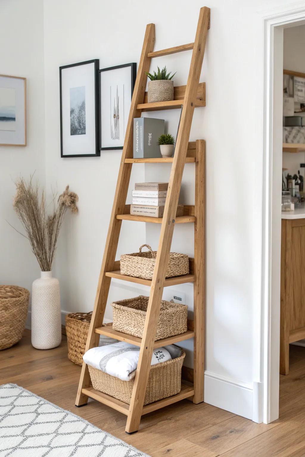 Go vertical: a tall shelf keeps office essentials up and the guest-room floor calm and clear.