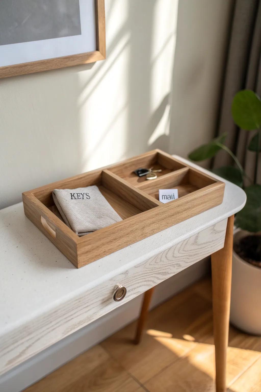 Tiny entryway, big calm—one handcrafted tray creates a drop zone for keys and daily essentials.