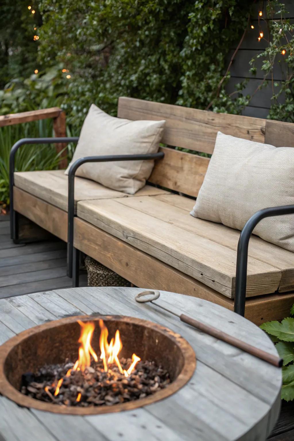 Elevate your outdoor space with a handcrafted seating arrangement that masters the art of mixing materials.