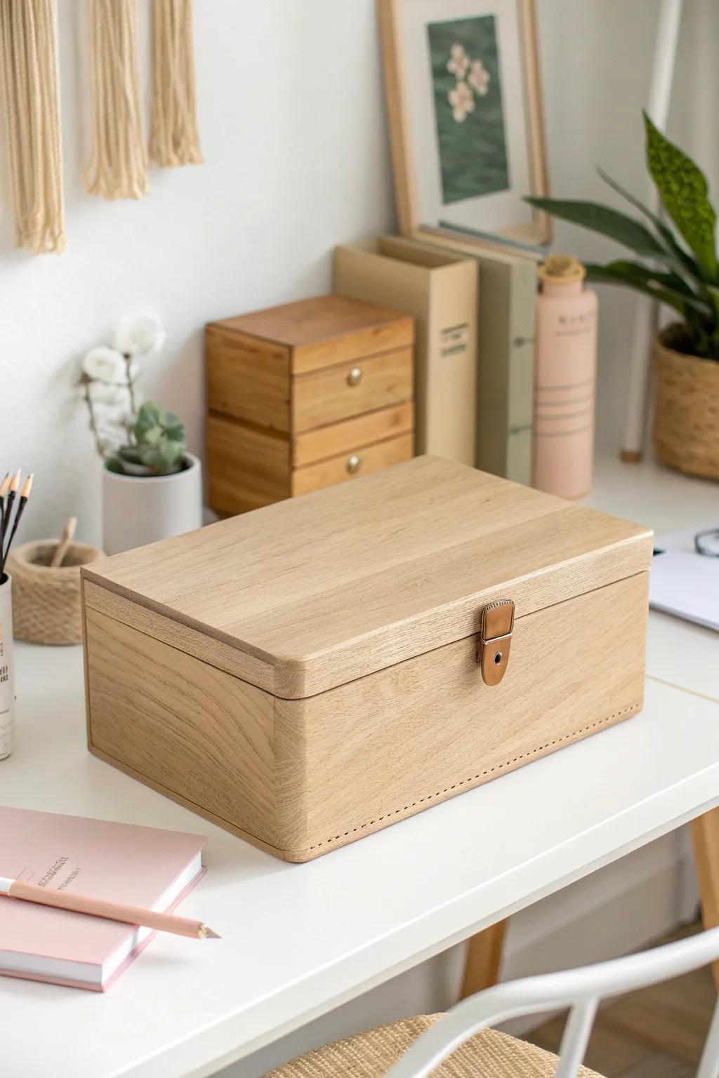 A pretty grab-and-go school box keeps small homeschool spaces calm and clutter-free.