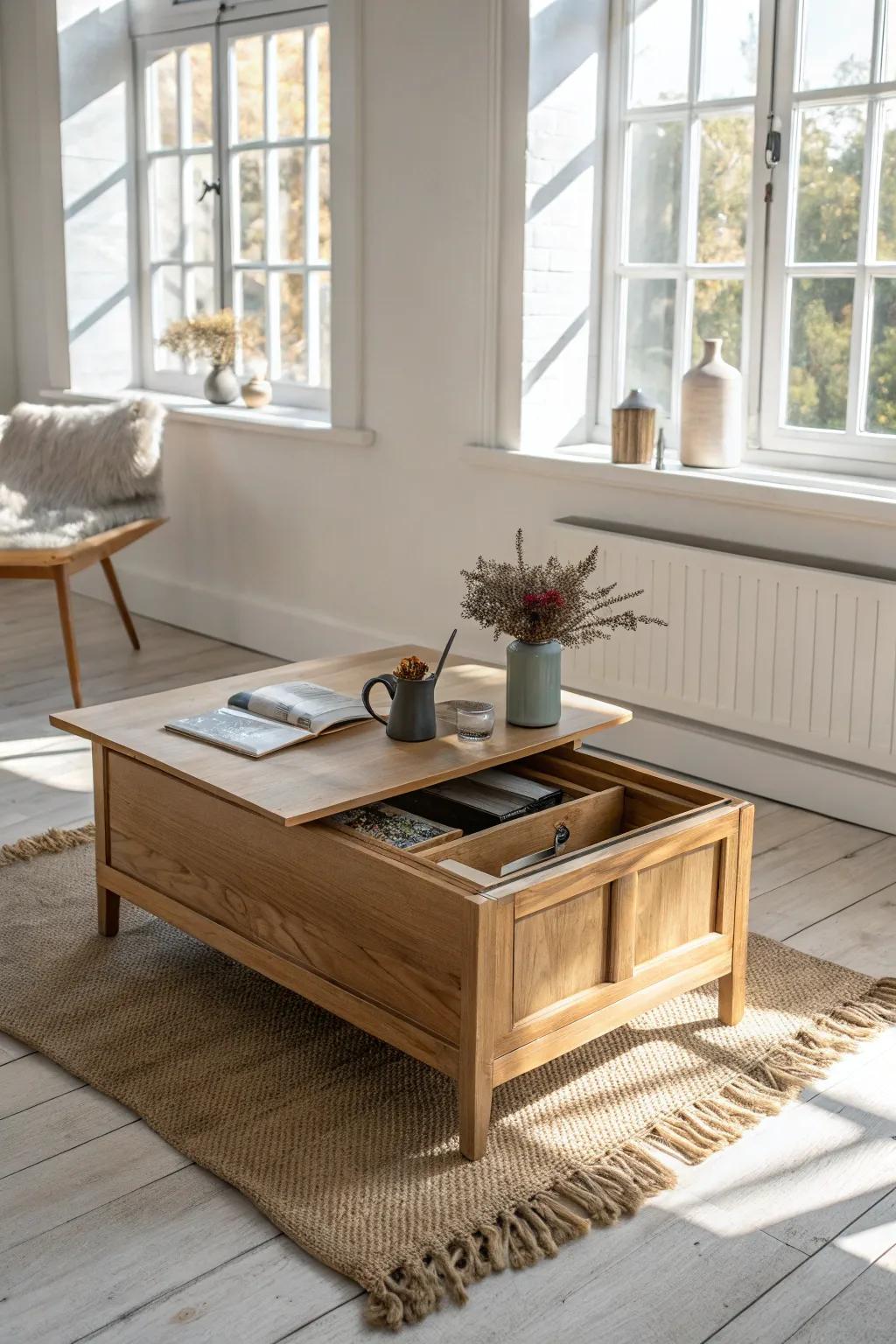 A storage coffee table keeps your sunroom serene—blankets and games tucked away in style.