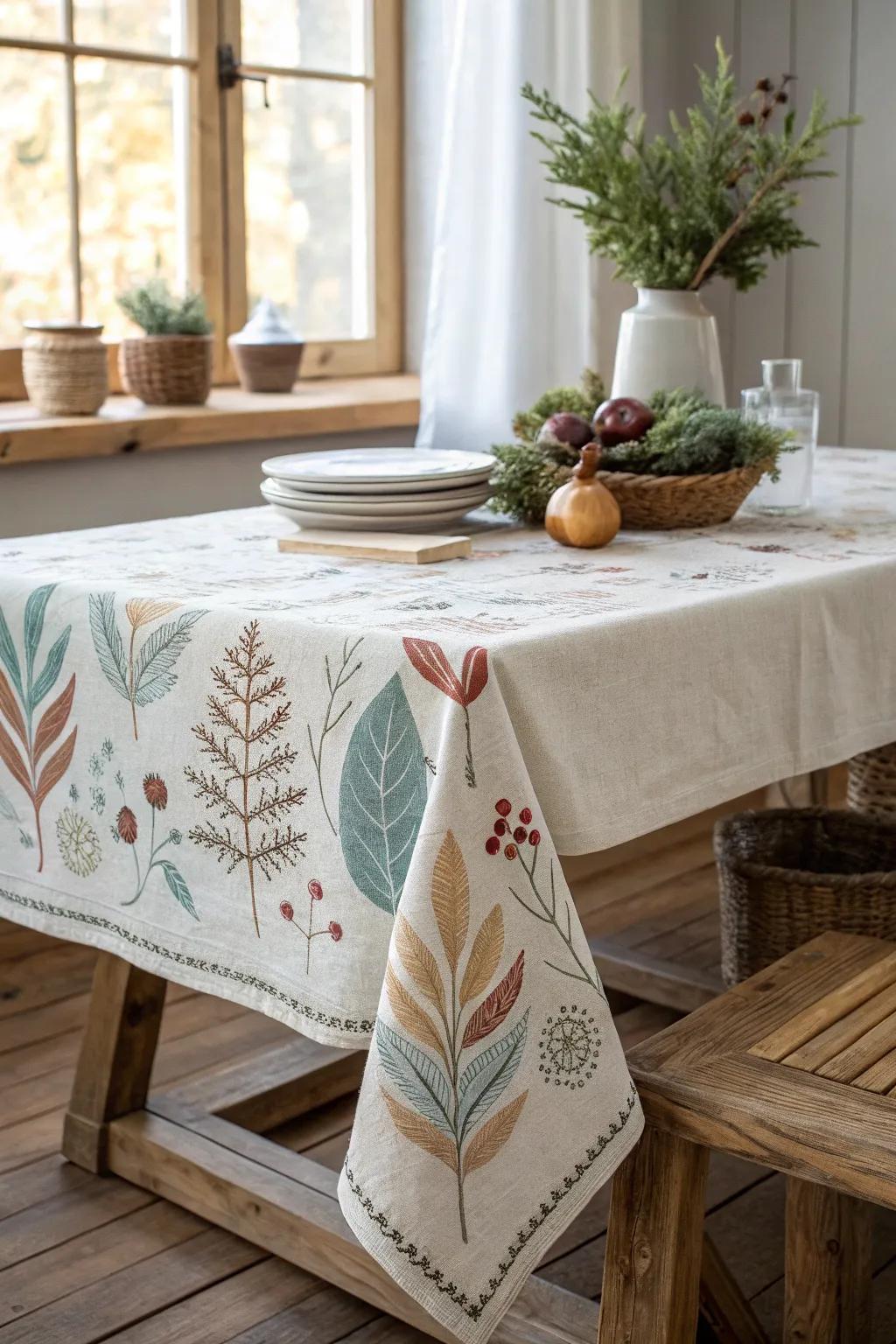 Elevate your dining space with a seasonal tablecloth that blends Scandinavian minimalism with a Boho touch, bringing the beauty of each season to your home.