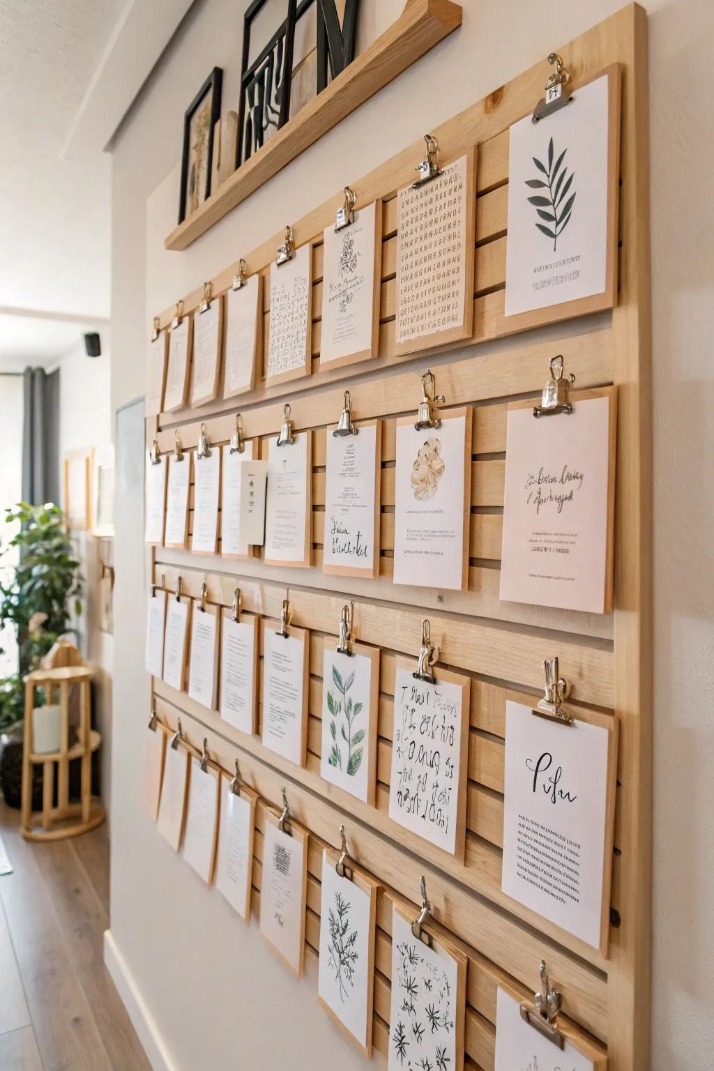 Transform your space with a stunning hanging clipboard gallery that combines simplicity and artistic flair.