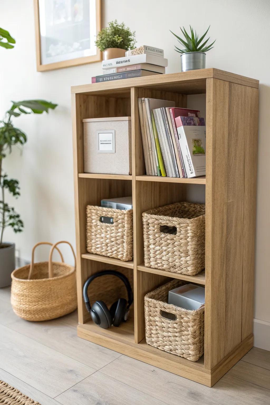 Cube shelf + labeled baskets: a tidy, decor-friendly spot for books, folders & headphones per kid.