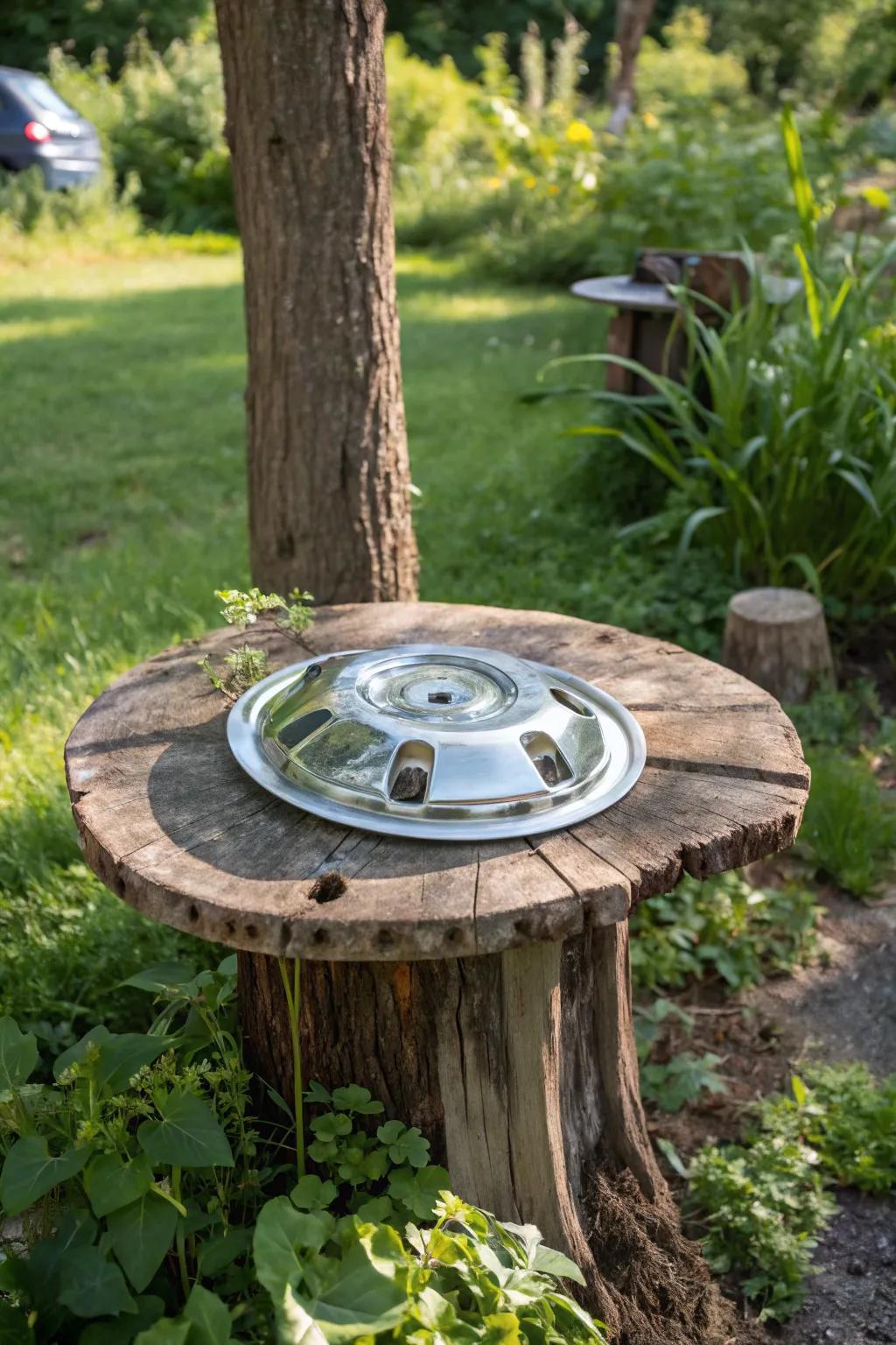 Transform your garden with this unique hubcap table—where rustic charm meets ingenious craftsmanship.