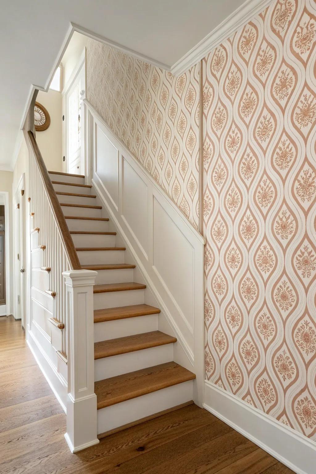 One patterned wallpaper wall that carries into the stair view for instant hallway magic.