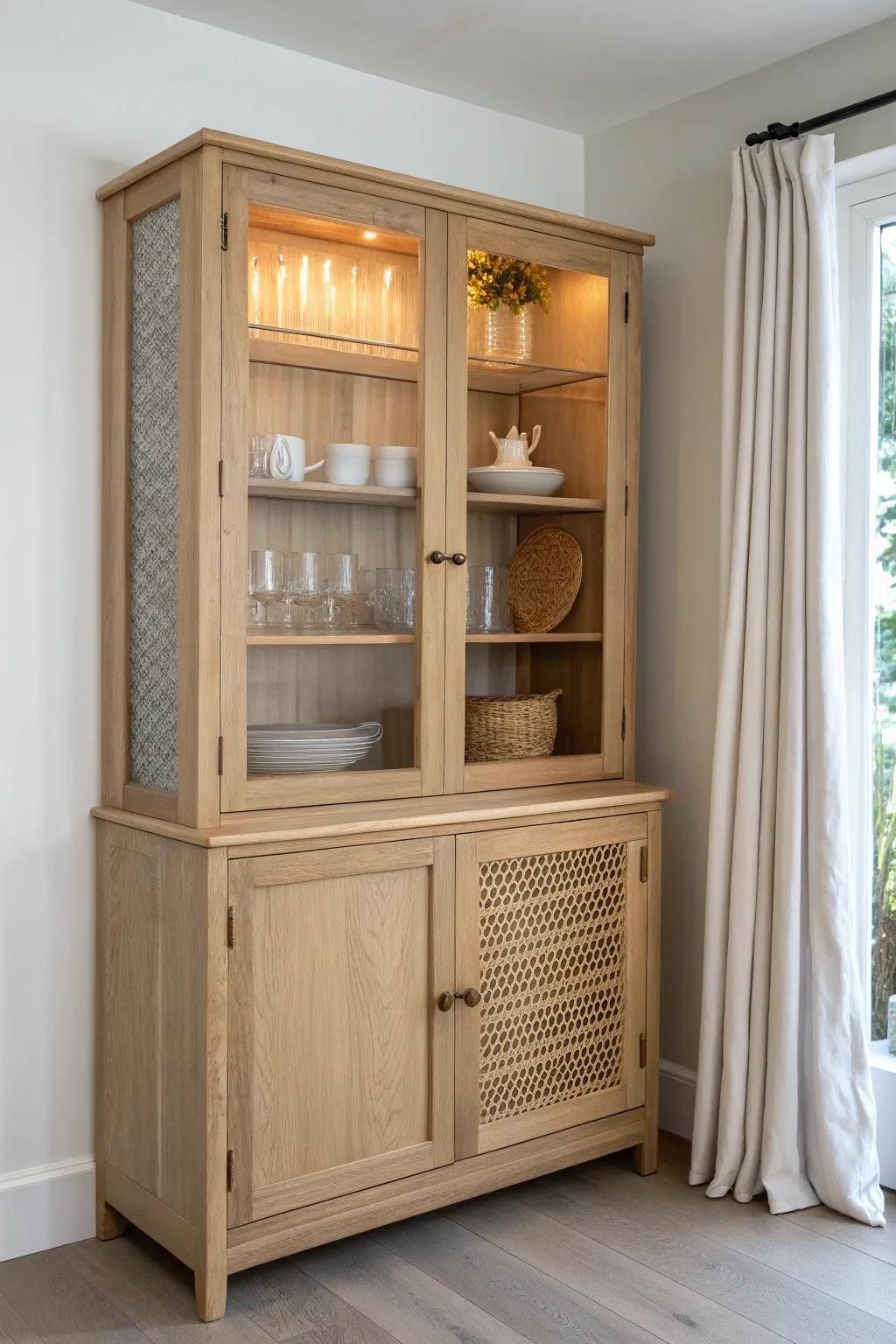 Add warm interior lights to your old hutch for an instant cozy display glow at night.