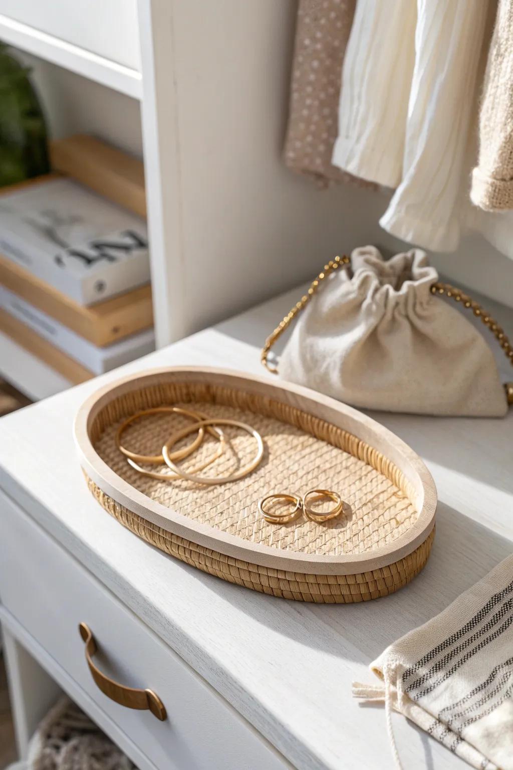 Un solo lugar para tus accesorios: bandeja minimalista que evita el desorden en el clóset.