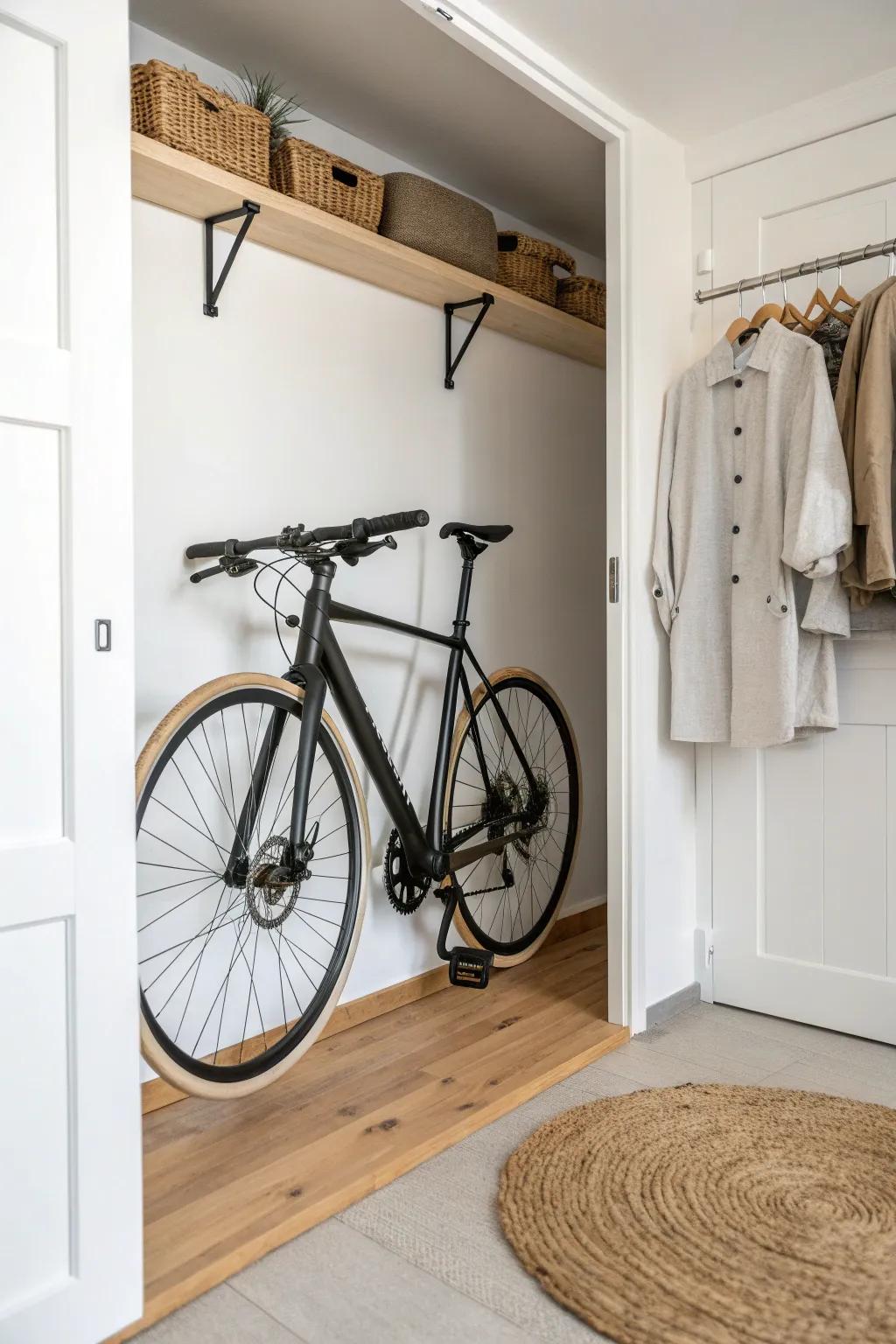Vertical bike storage inside a closet—keep it chic and add a mat to catch tire dust.
