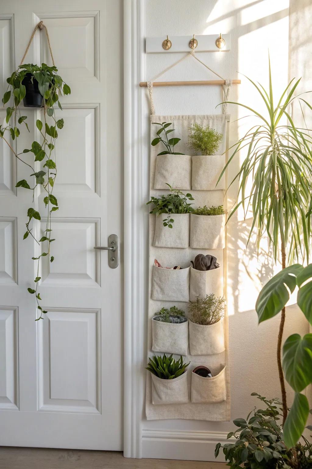 Turn a blank door into a mini indoor garden with lightweight pocket planters.