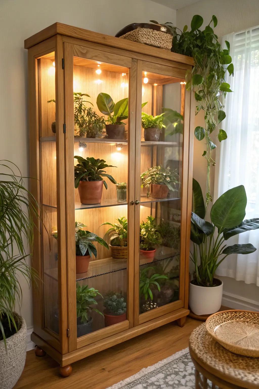 A thrifted china cabinet turned glowing plant conservatory—tiny-space indoor greenhouse perfection.