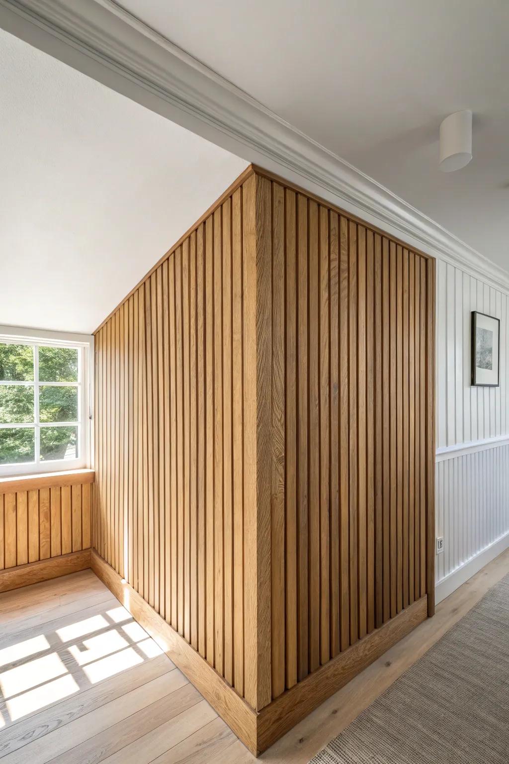 A seamless oak slat corner wrap makes a tiny, awkward nook feel intentionally architectural.