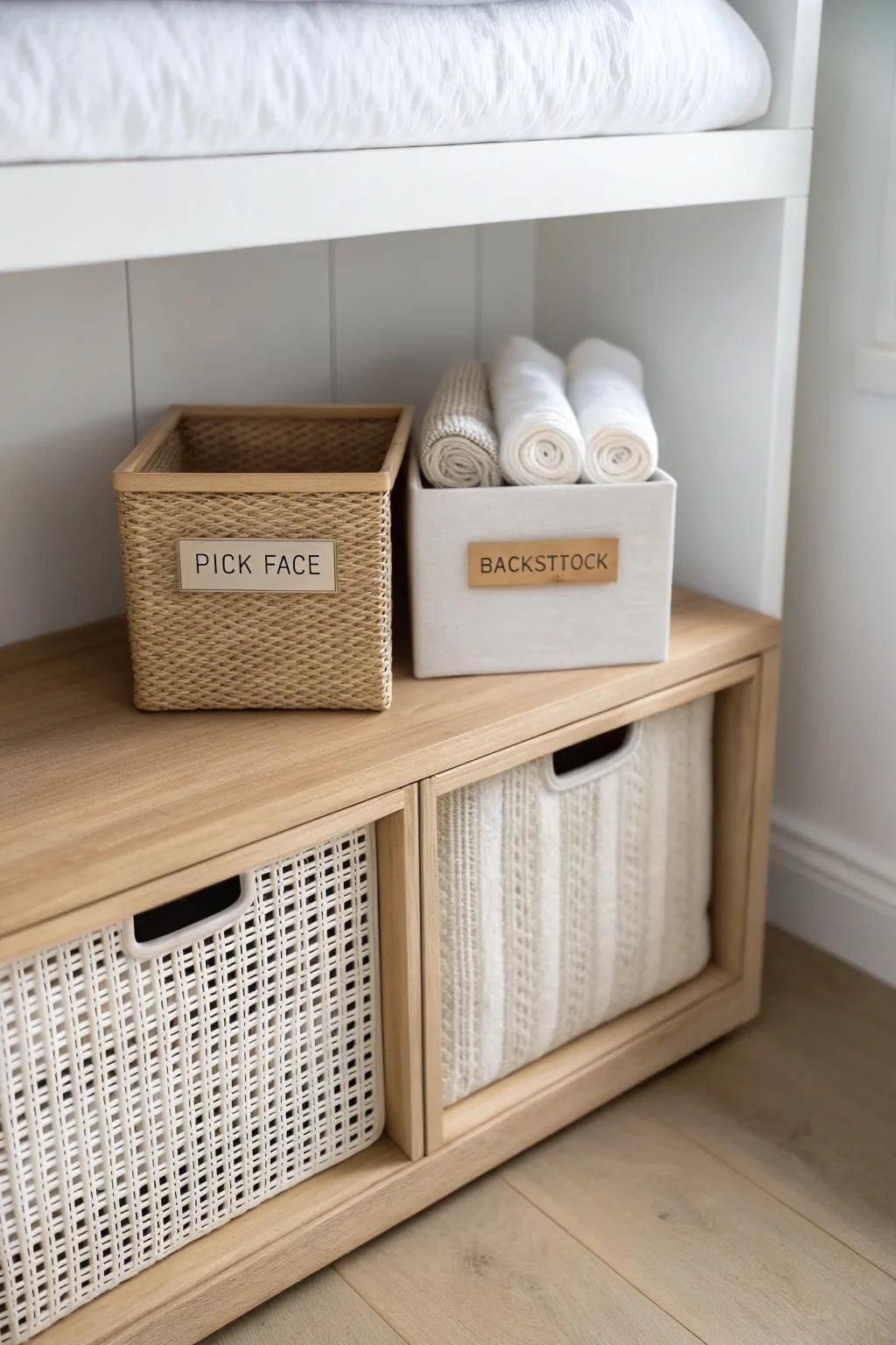 Keep shelves pretty: a front pick face for daily grabs, with backstock tucked deeper and up high.