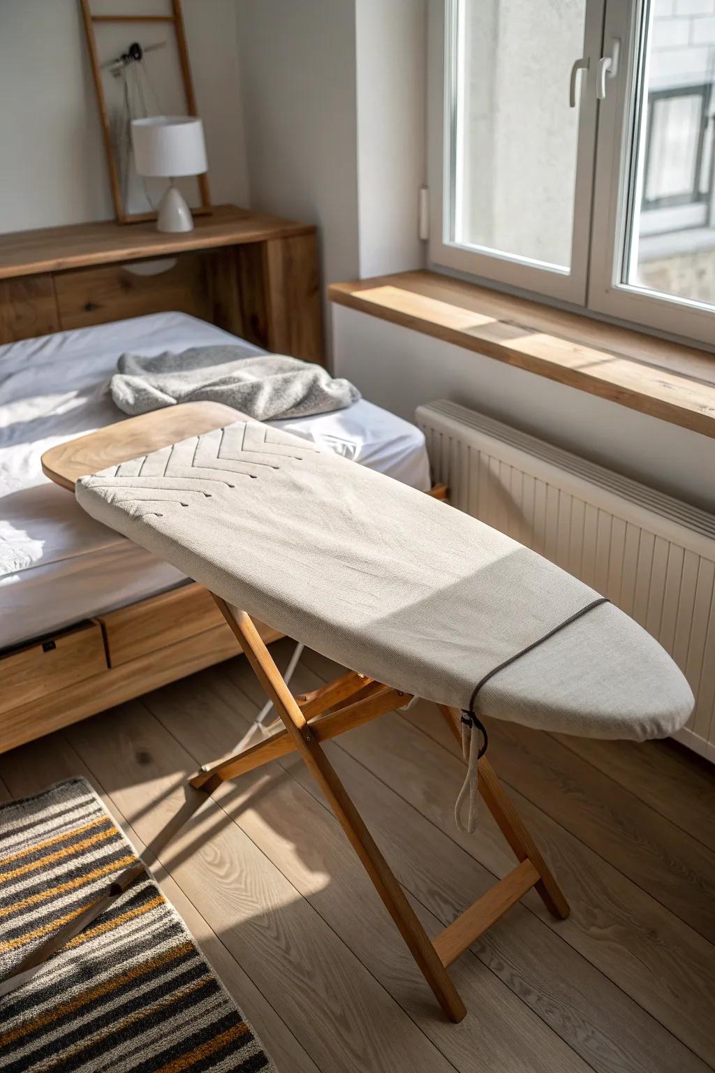 Under-bed ironing board storage in a linen sleeve—dust-free, minimal, and beautifully space-smart.