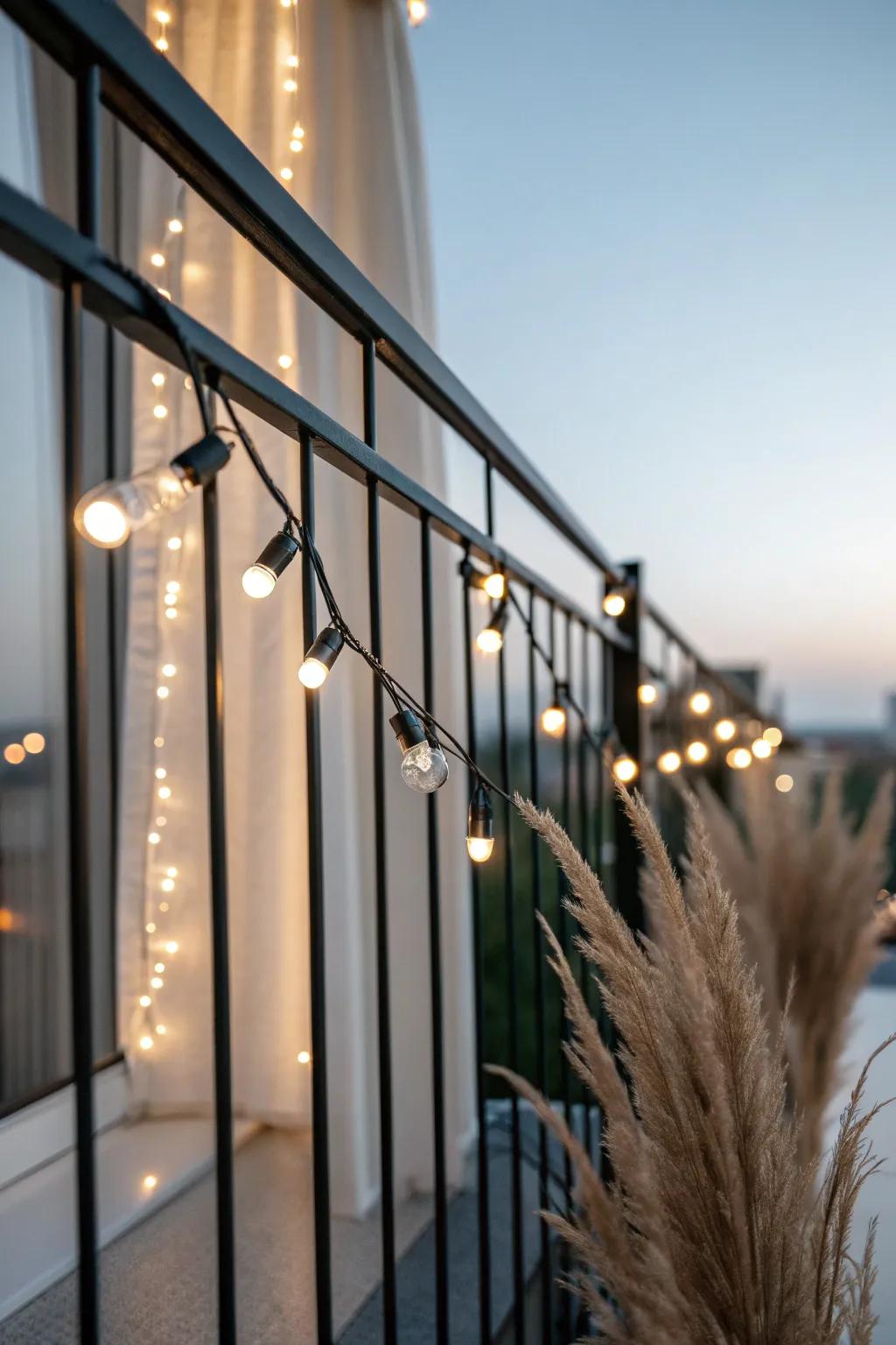 Warm string lights wrapped on a minimalist Juliet balcony railing for instant cozy night glow.