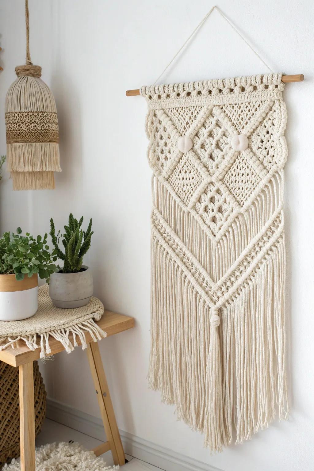 Elevate your space with the cozy charm of a chunky yarn wall hanging. Perfect for adding a touch of boho elegance to any room.