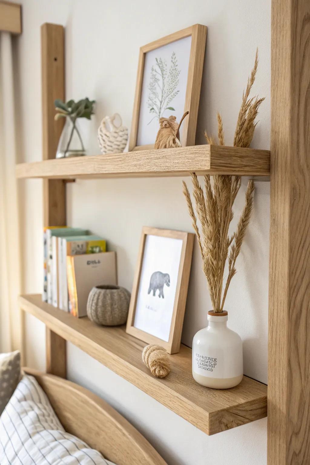 High display shelf: a safe spot for kids’ treasures, styled in soft Scandi‑boho.