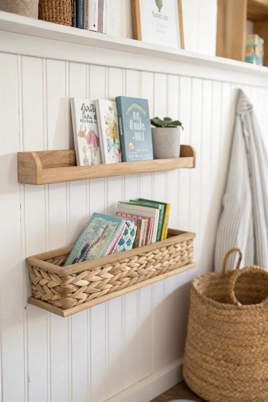 A closet-shelf mini library: one tidy book ledge plus a woven return bin for easy resets.