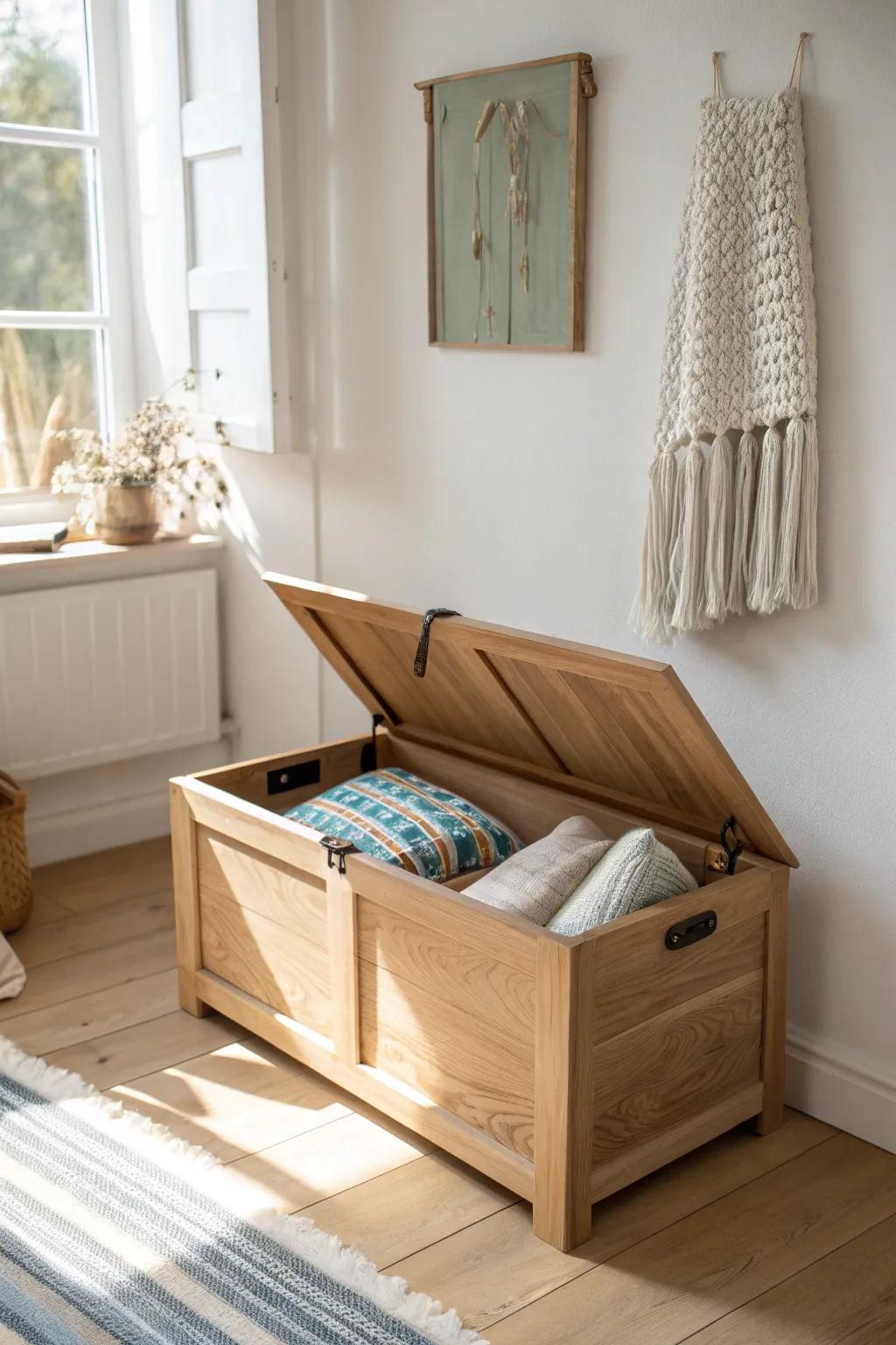 A tidy storage bench adds seating and hides bulky toys—perfect for small kids’ rooms.