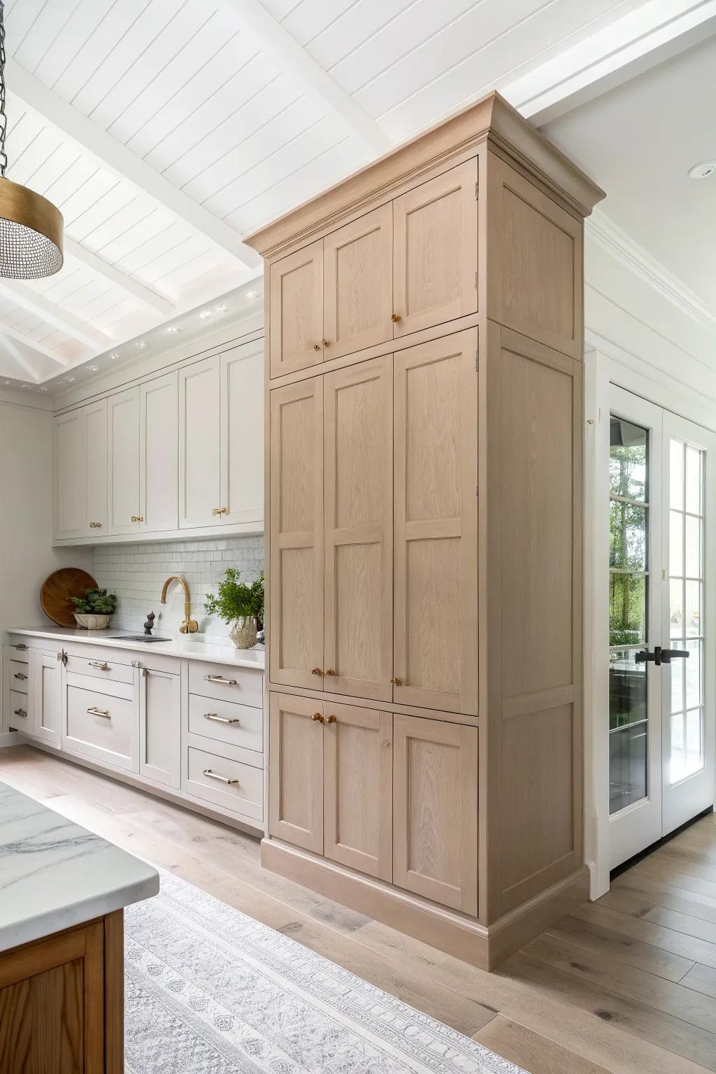Paint cabinet + extension the same shade; a bright ceiling makes full-height storage feel weightless.