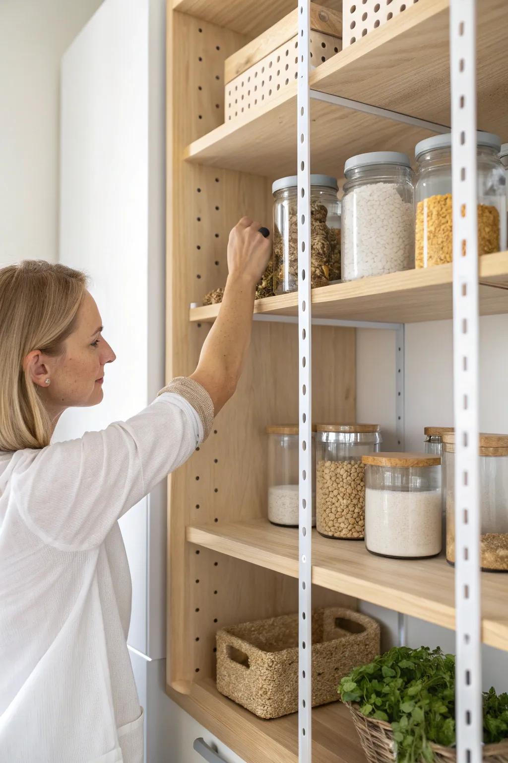 Adjustable pantry shelves make room for tall bottles and bulk buys—no more tipping chaos.