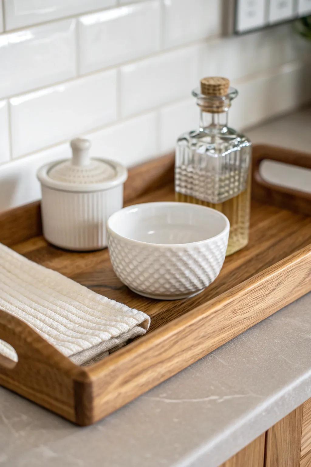 Cozy kitchen corner: layer wood, ceramic, and glass for texture without clutter.
